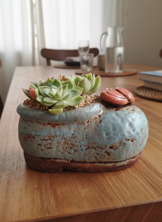 Succulent Mary Jane Charm Blue Planter – Echeveria Peach Pride