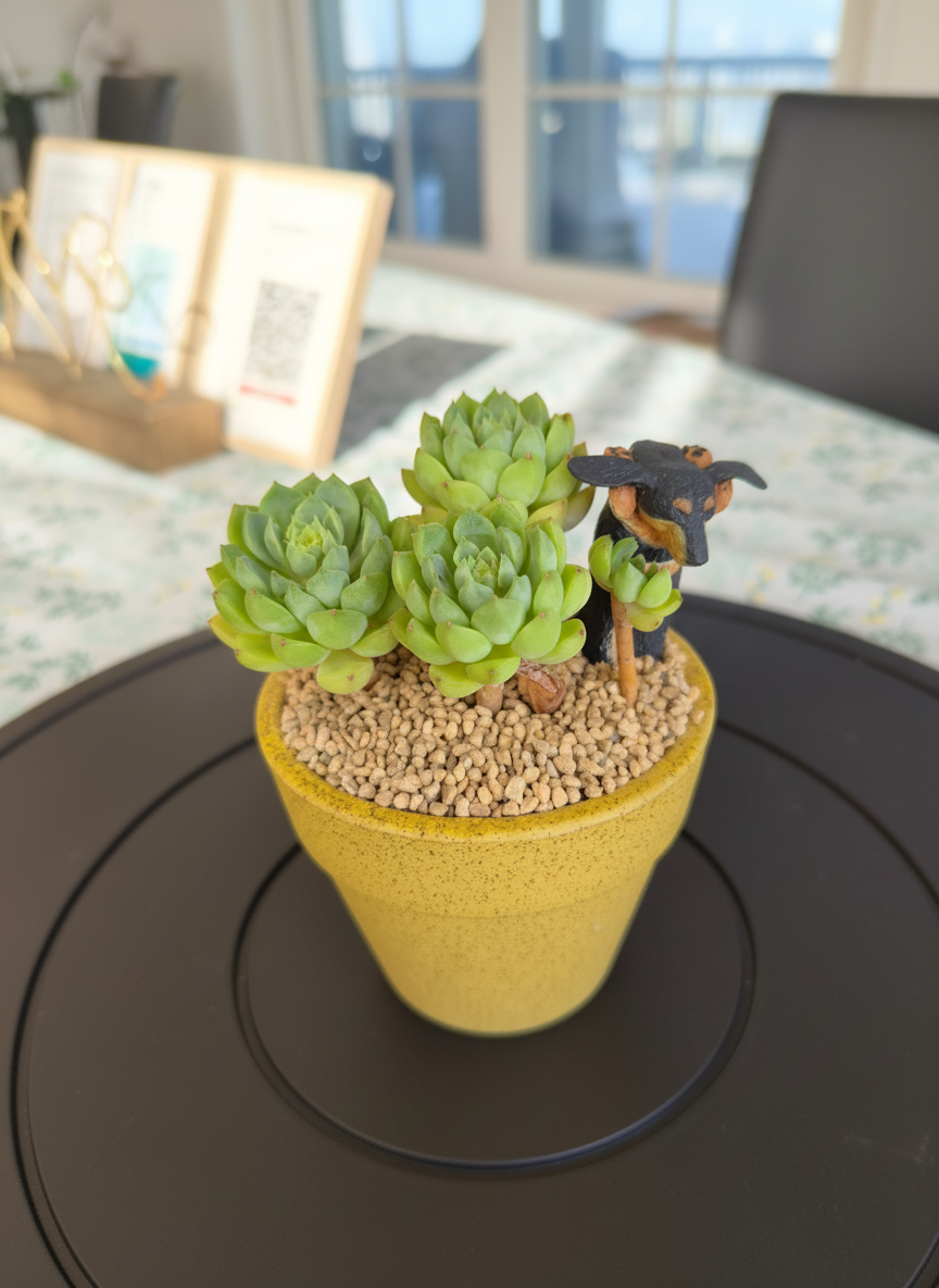 Succulent Speckled Terracotta Yellow Planter (with dauchund) – Echeveria Chilli & Lime