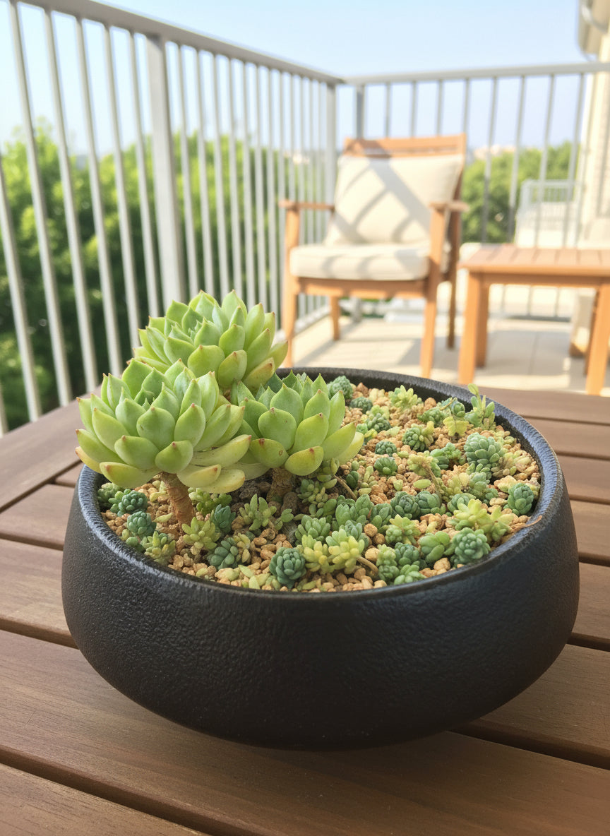 Succulent Classic Black Planter – Echeveria ‘Lime n Chili’ & Blue Tears Sedum - SlowBloomGreens