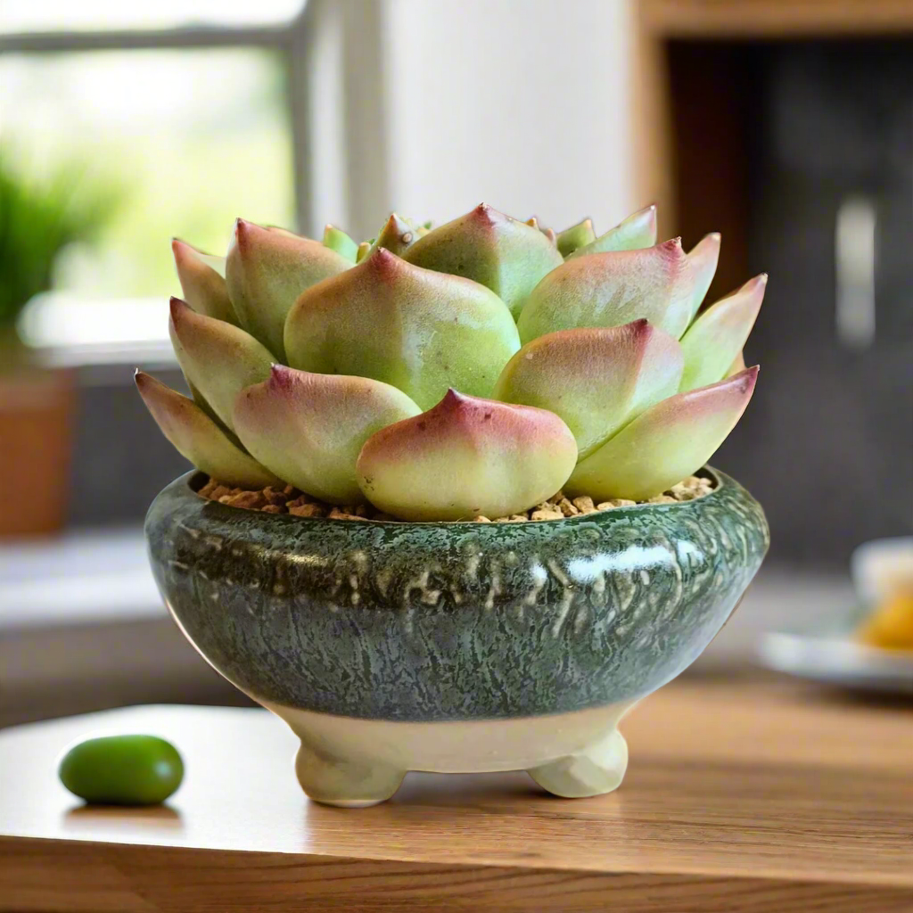 Succulent Rustica Ceramic – Echeveria Chihuahua in a three-legged shallow bowl planter.