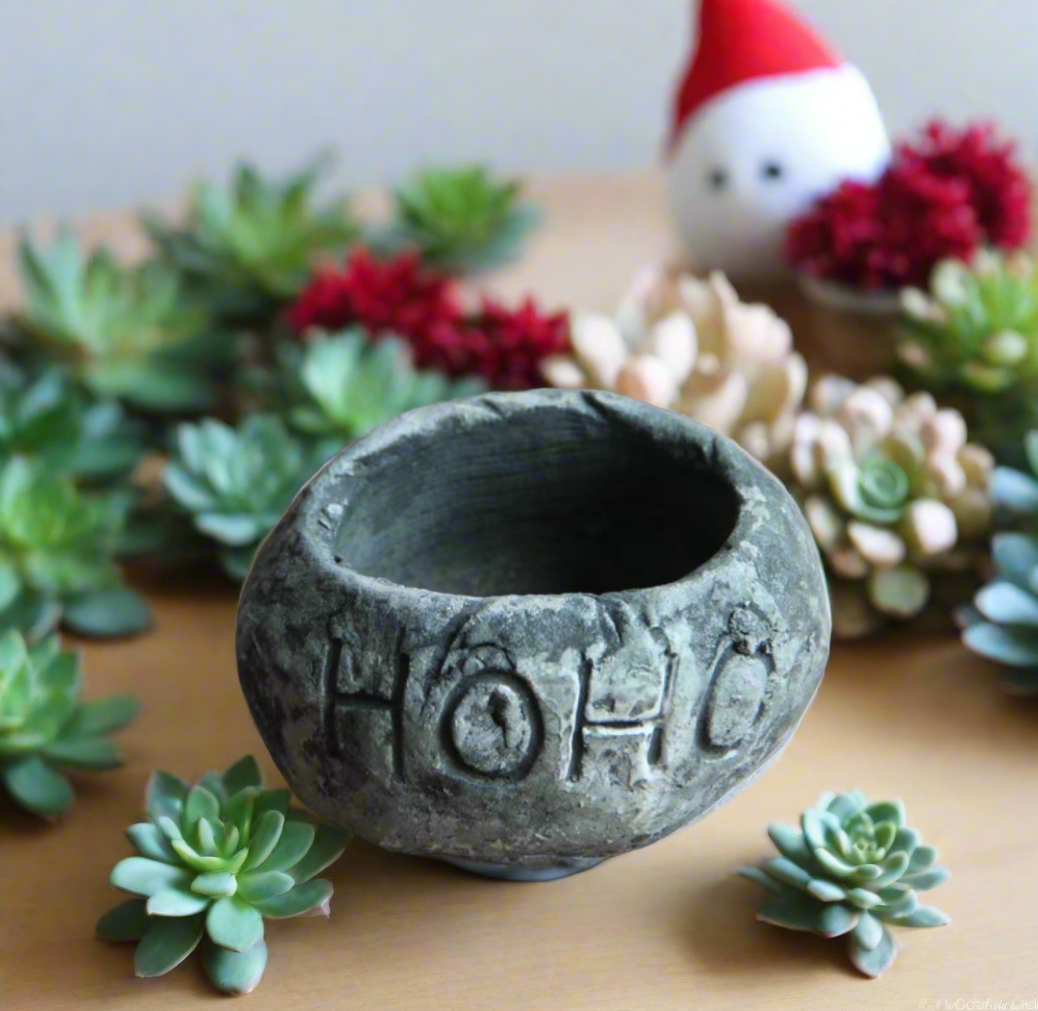 HoHo-engraved rustic planter from the Succulent Simply Joy – Gift Favors set, paired with a stunning succulent centerpiece.