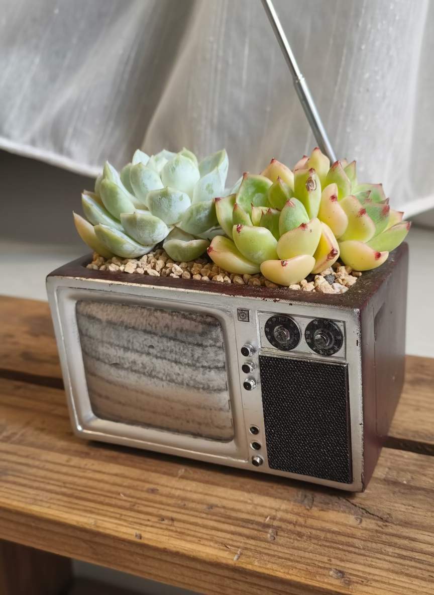 Succulent Retro TV Planter – Echeveria Hybrid - SlowBloomGreens