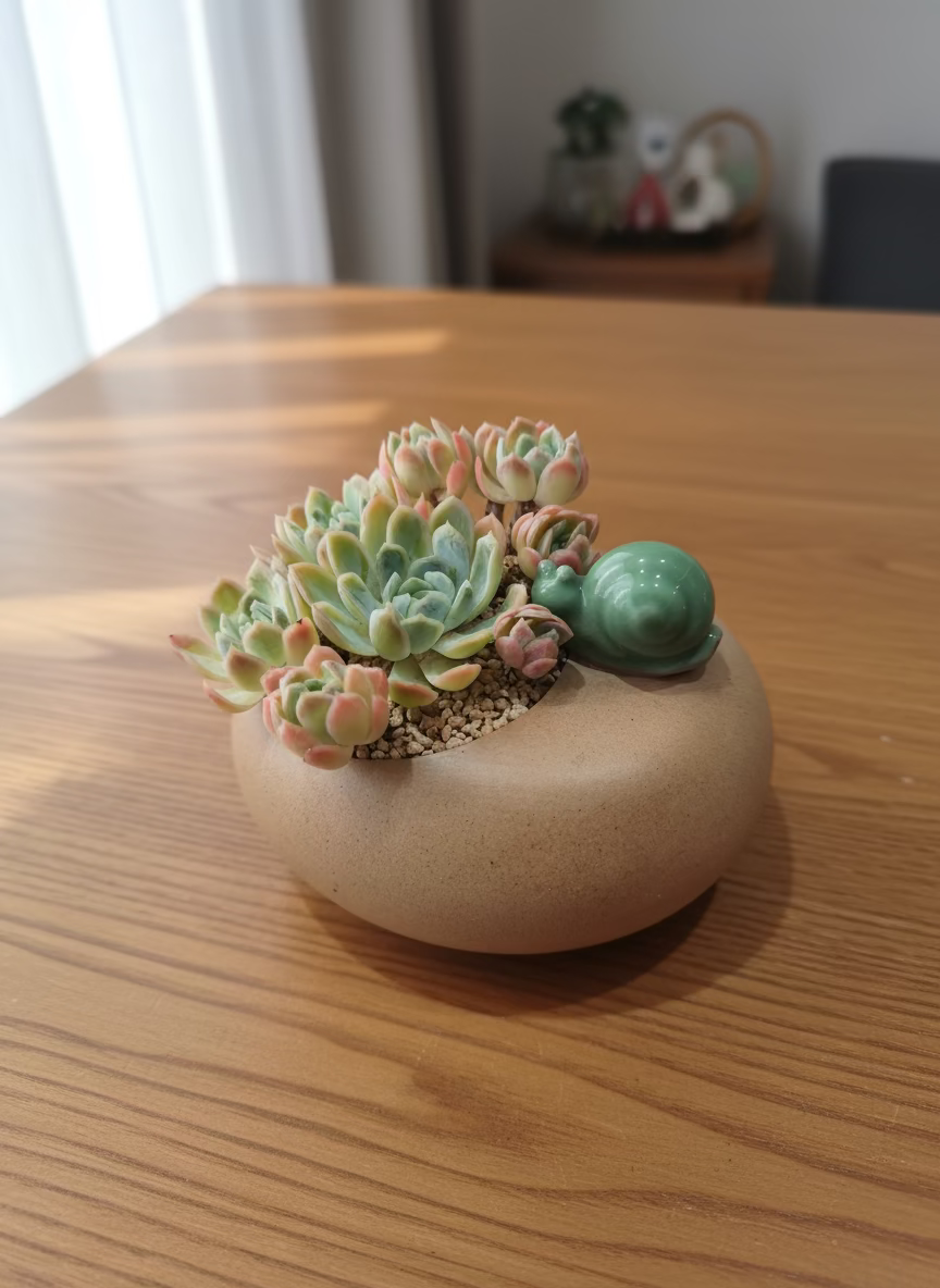 Succulent Snail Planter – Echeveria Elegans 'Raspberry Ice' - SlowBloomGreens