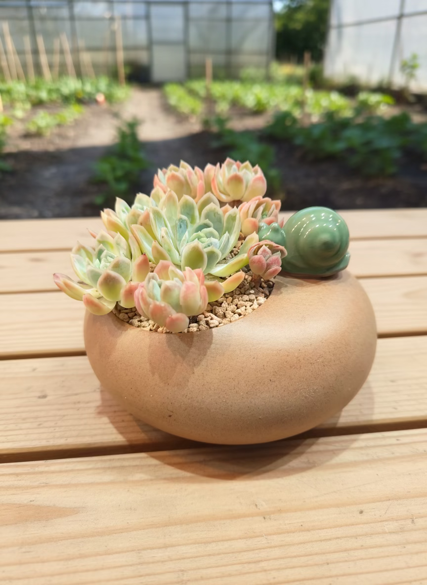Succulent Snail Planter – Echeveria Elegans 'Raspberry Ice' - SlowBloomGreens