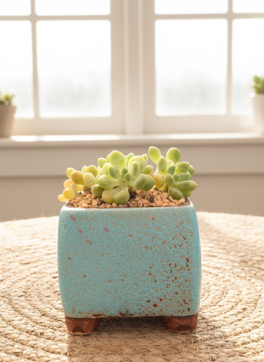 Succulent Festive Yellow Bow Square Planter – Tiscalatengo gorge sedum - SlowBloomGreens