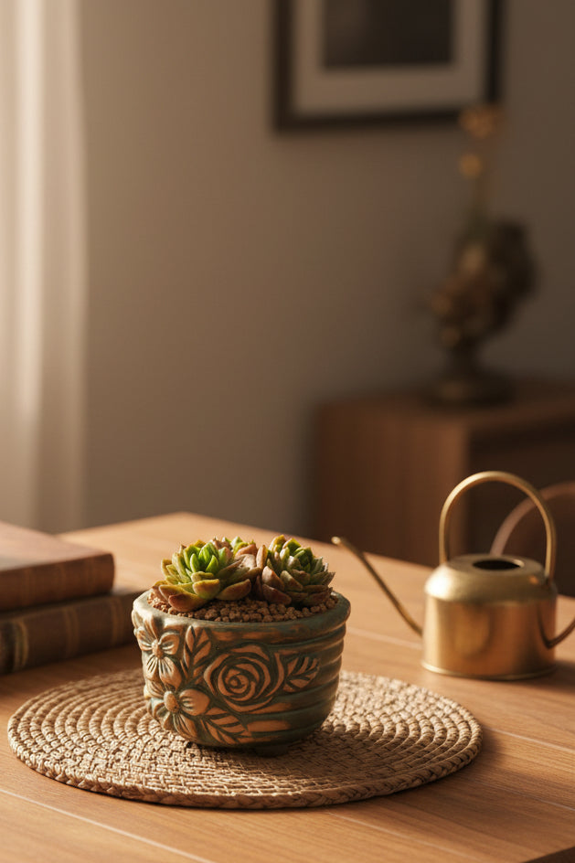 Vintage Teal Succulent Planter – Echeveria 'Lime n Chili'