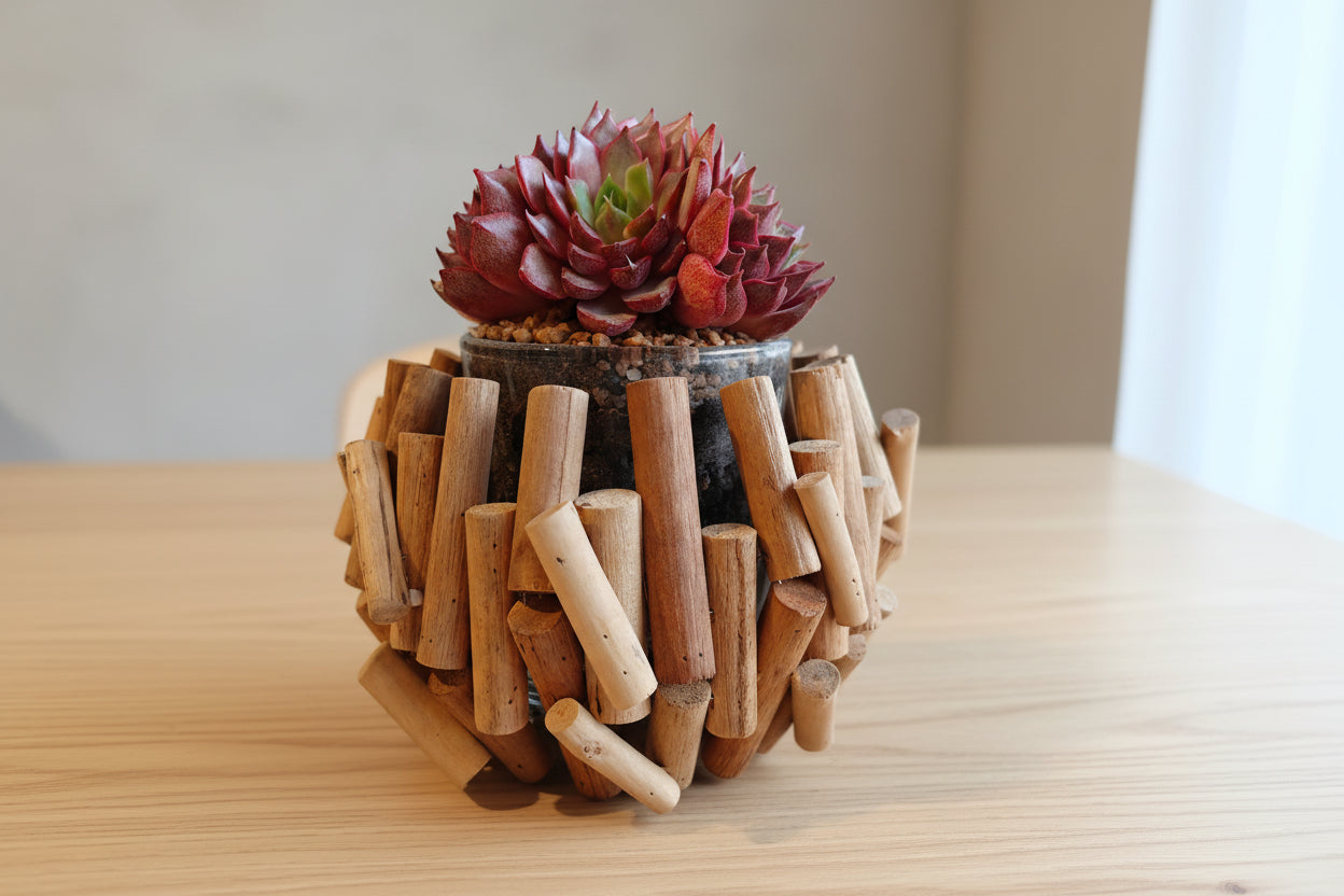 Succulent Rustic Wood Log Planter – Echeveria Agavoides (4-Headed Cluster) - SlowBloomGreens