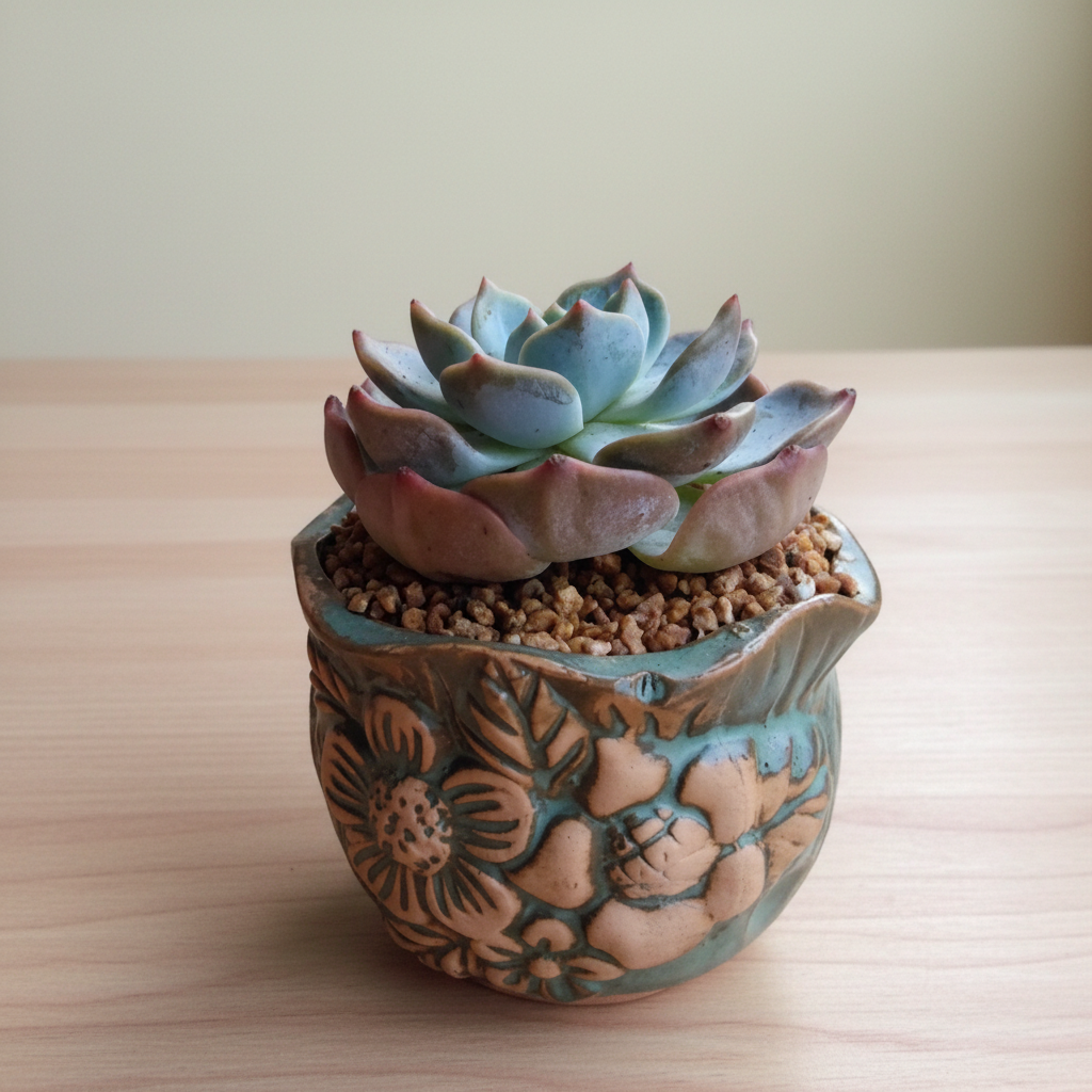 Vintage Teal Succulent Planter – Echeveria 'Bluebird'
