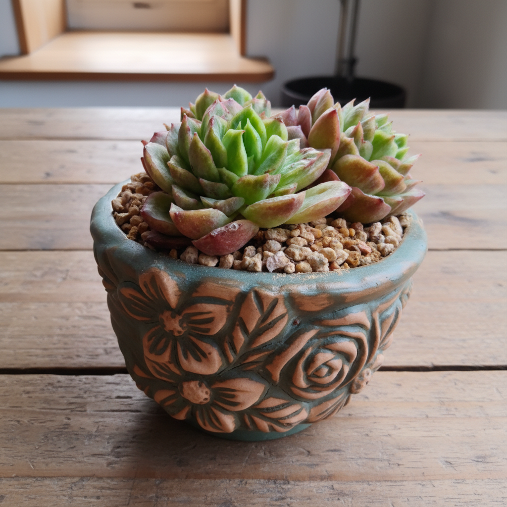 Vintage Teal Succulent Planter – Echeveria 'Lime n Chili'