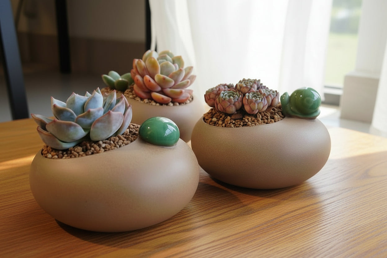 Succulent Snail Planter – Echeveria Minima (7-Headed Cluster) - SlowBloomGreens