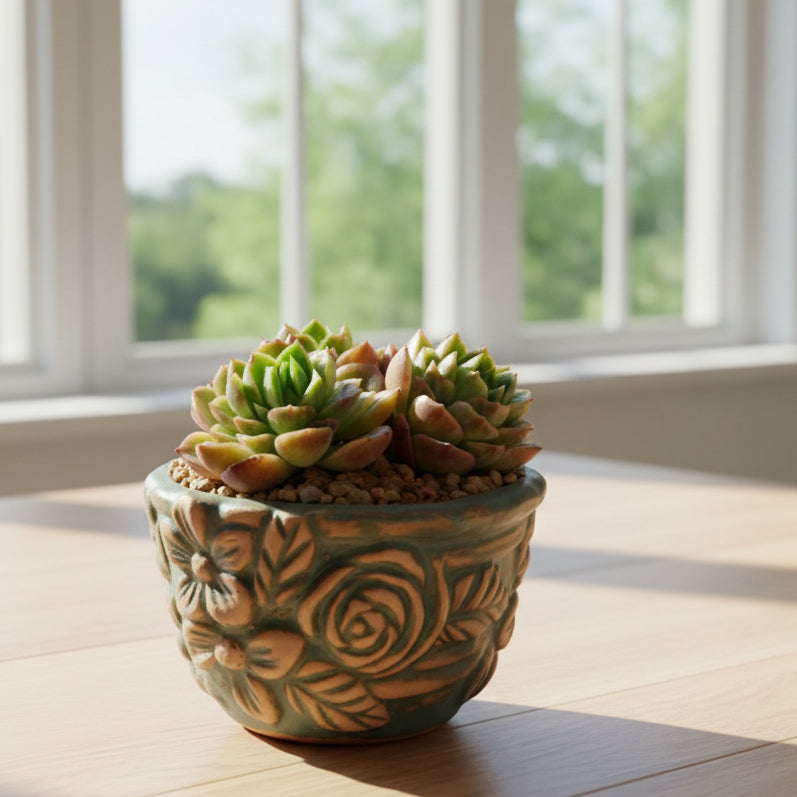 Vintage Teal Succulent Planter – Echeveria 'Lime n Chili'