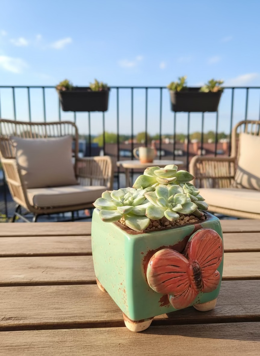 Succulent Ceramic Butterfly Square Teal Planter – Graptoveria 'Titubans'