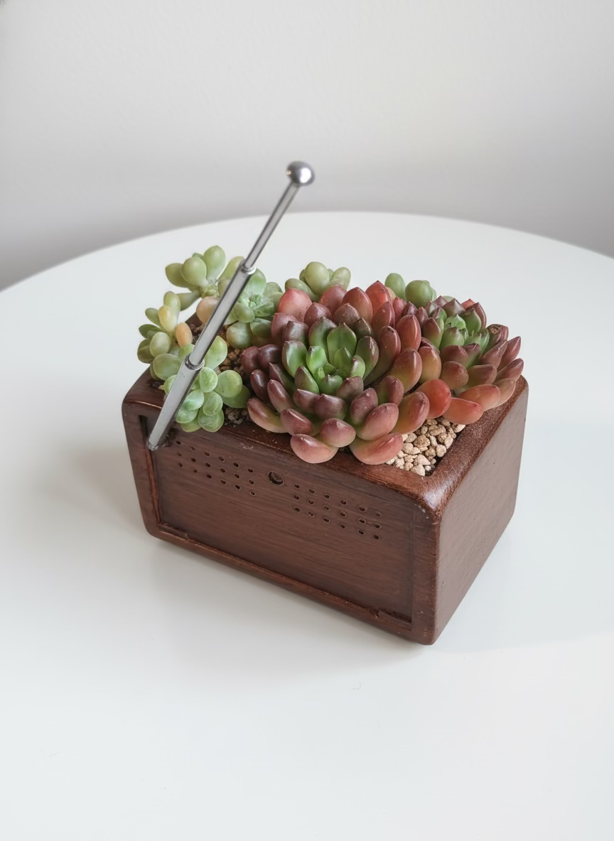 Succulent Retro Radio Planter – Pink Ruby & Tiscalatengo gorge sedum