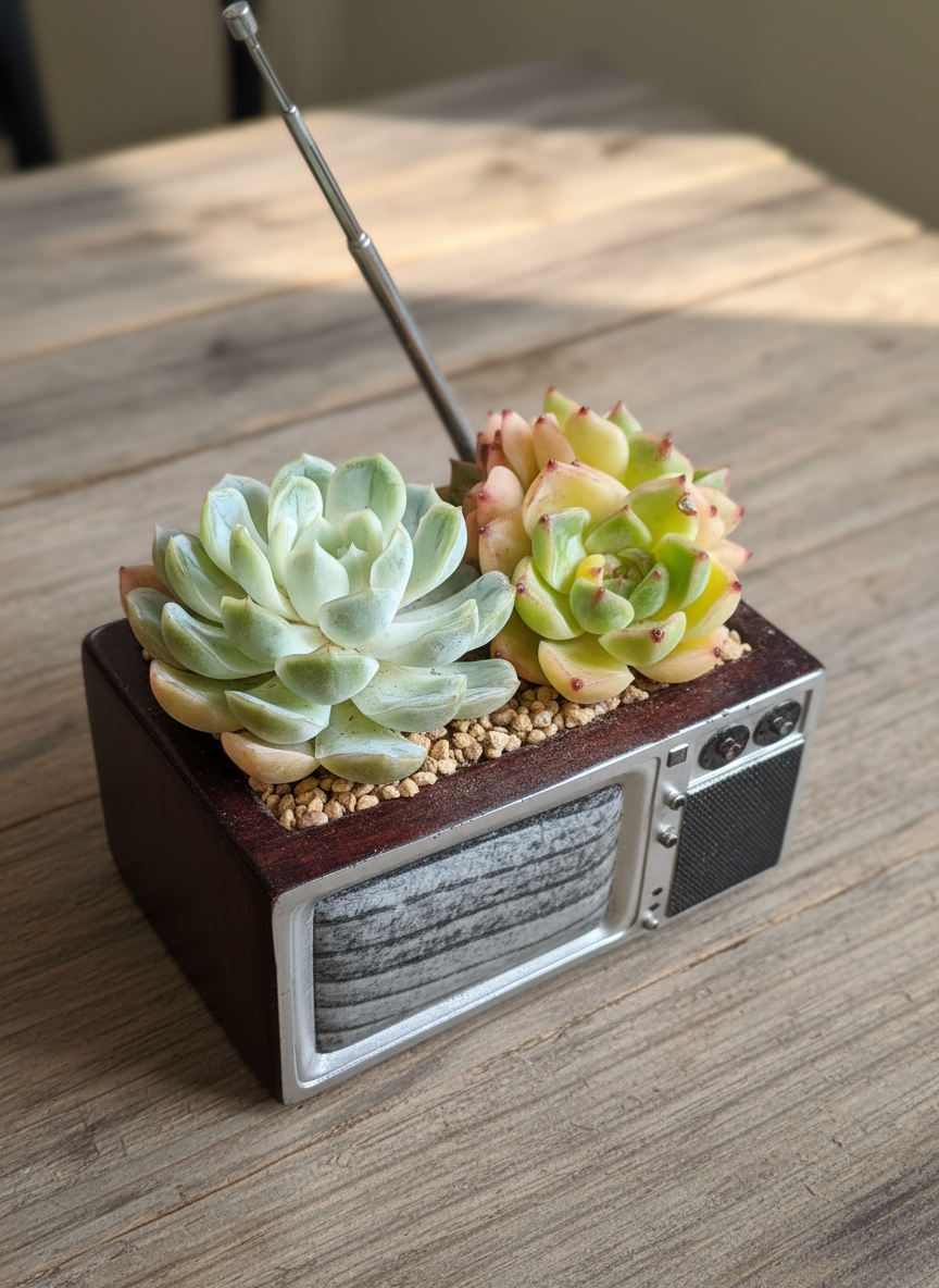 Succulent Retro TV Planter – Echeveria Hybrid - SlowBloomGreens