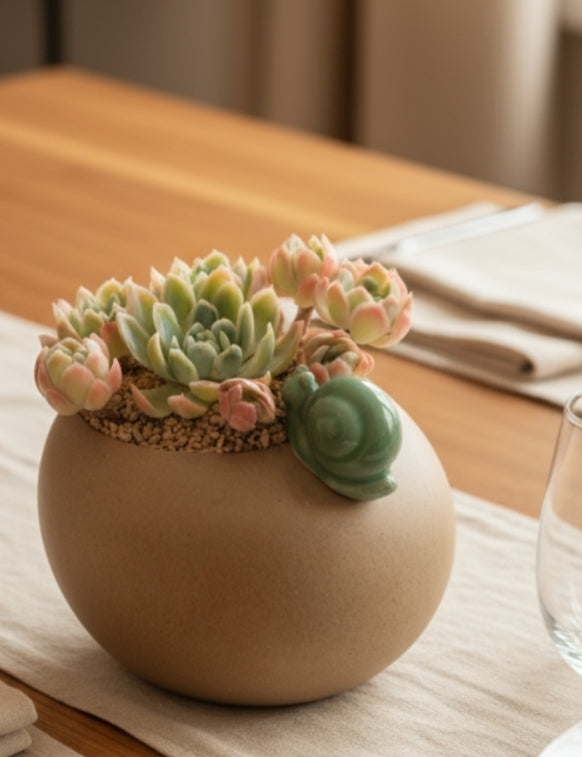 Succulent Snail Planter – Echeveria Elegans 'Raspberry Ice'