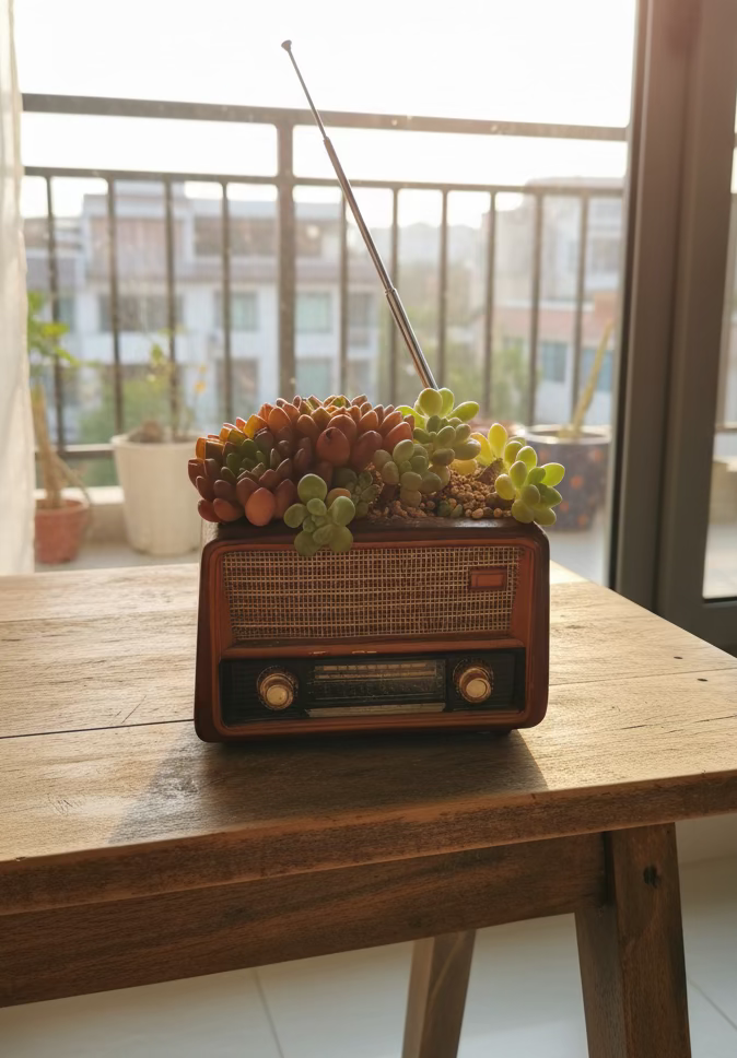 Succulent Retro Radio Planter – Pink Ruby & Tiscalatengo gorge sedum