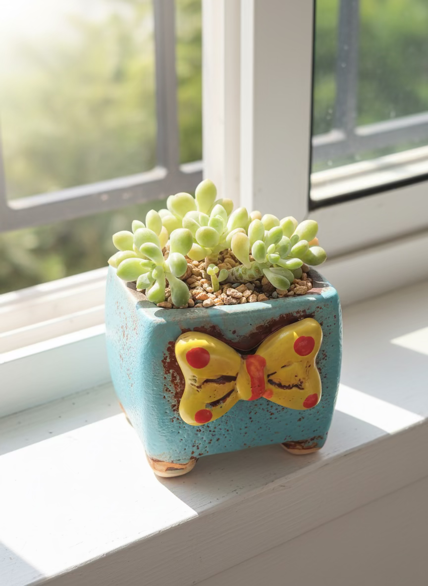 Succulent Festive Yellow Bow Square Planter – Tiscalatengo gorge sedum - SlowBloomGreens
