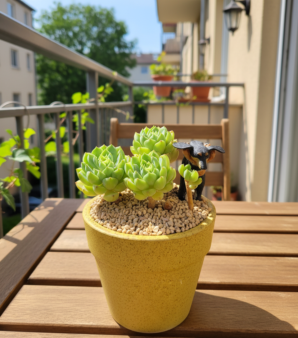 Succulent Speckled Terracotta Yellow Planter (with dauchund) – Echeveria Chilli & Lime