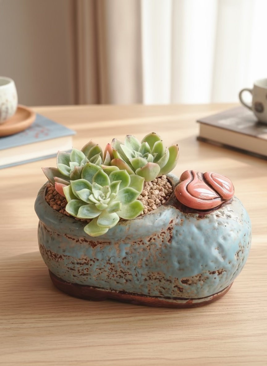 Succulent Mary Jane Charm Blue Planter – Echeveria Peach Pride - SlowBloomGreens
