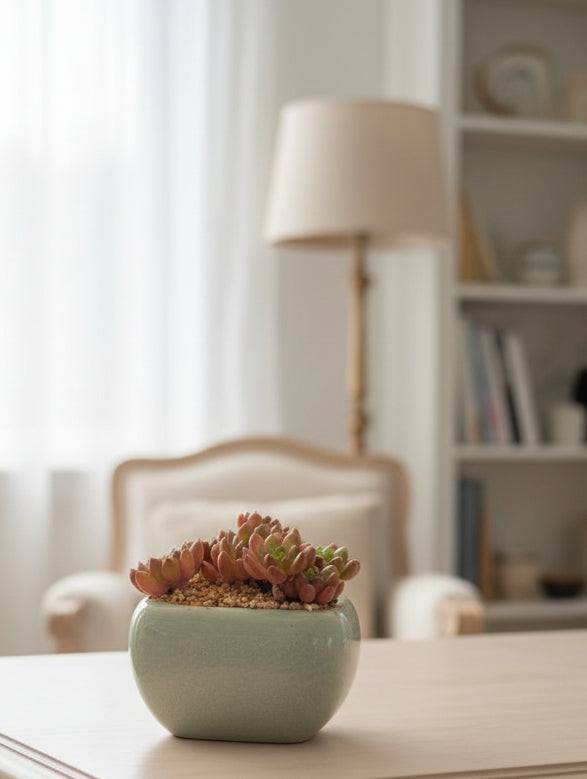 Succulent Zen Square Pastel Blue Planter – Sedeveria ‘Pink Ruby’ - SlowBloomGreens