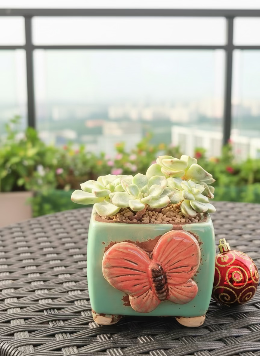 Succulent Ceramic Butterfly Square Teal Planter – Graptoveria 'Titubans'