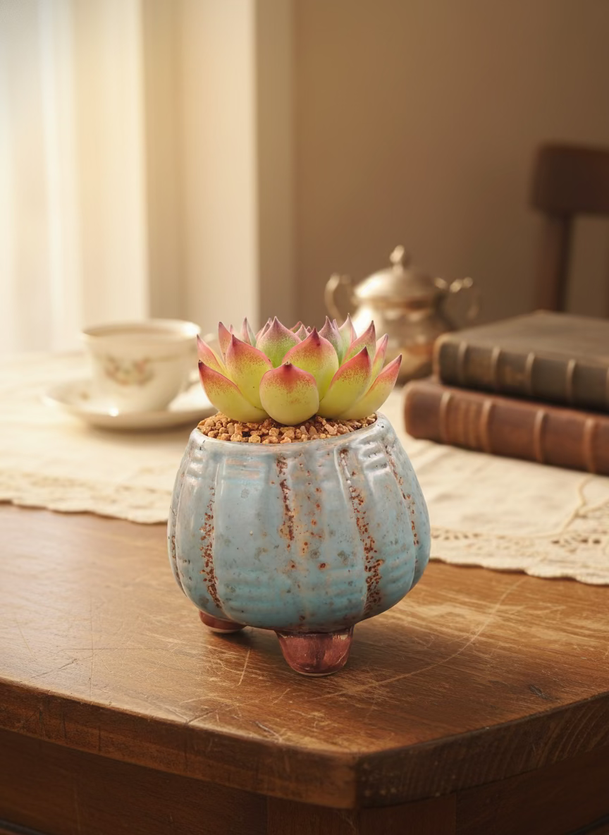 Succulent Festive Blue Bow Planter – Echeveria Agavoides 'Lipstick' - SlowBloomGreens