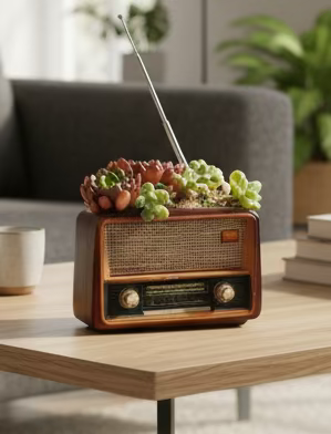 Succulent Retro Radio Planter – Pink Ruby & Tiscalatengo gorge sedum