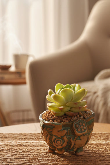 Vintage Teal Succulent Planter – Echeveria Elegans