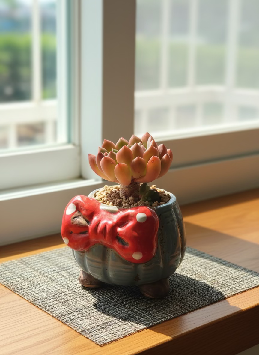 Succulent Festive Blue Red Bow Planter – Sedeveria ‘Pink Ruby’