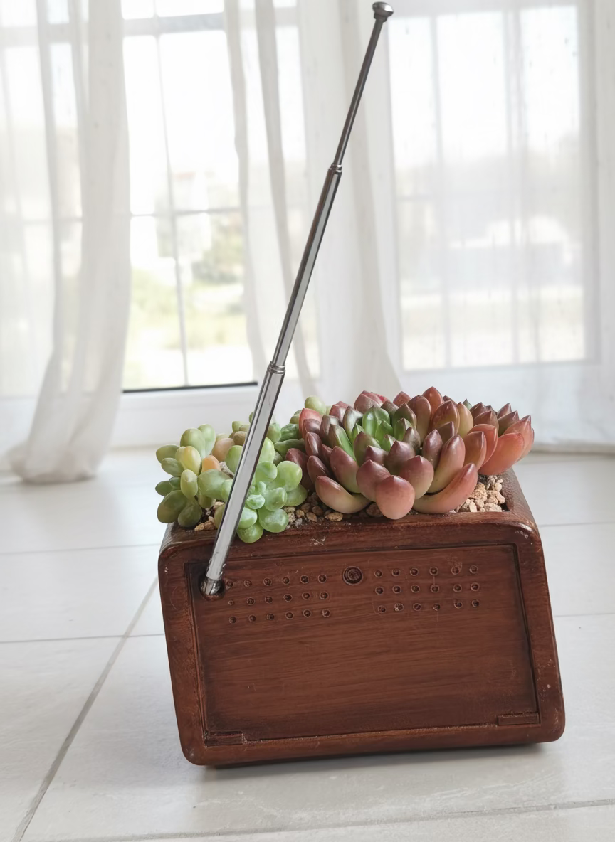 Succulent Retro Radio Planter – Pink Ruby & Tiscalatengo gorge sedum